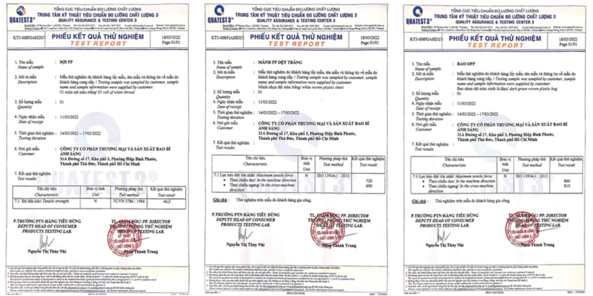 Quy Trình Sản Xuất Bao Bì Nhựa PP 13 Kết quả kiểm nghiệm chất lượng sản phẩm tại QUATEST 3