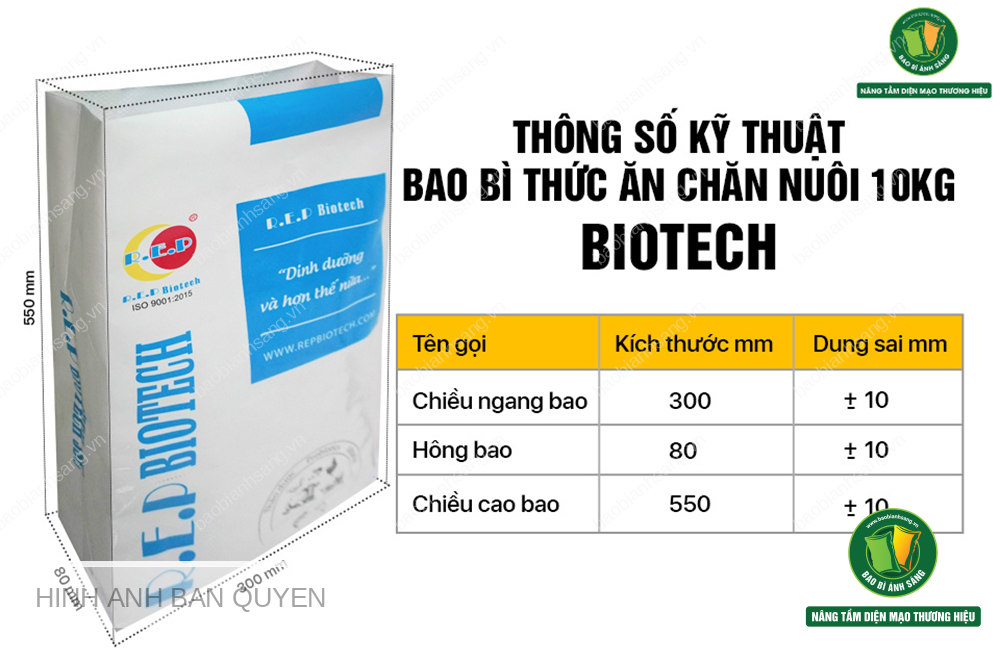 Thông số kỹ thuật bao bì thức ăn chăn nuôi 10kg BIOTECH