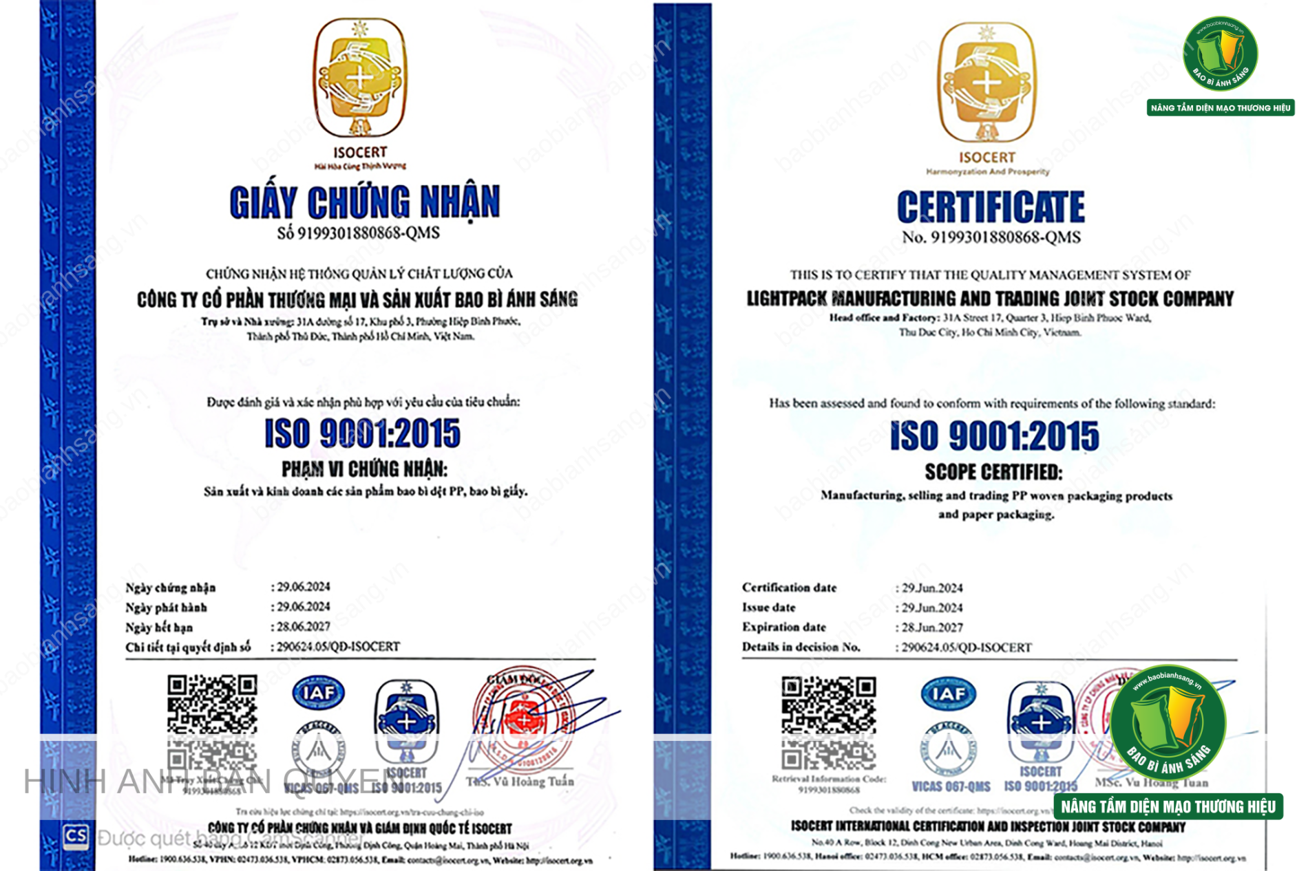 Bao Bì Ánh Sáng đạt chứng nhận ISO 9001:2015 khẳng định chất lượng uy tín