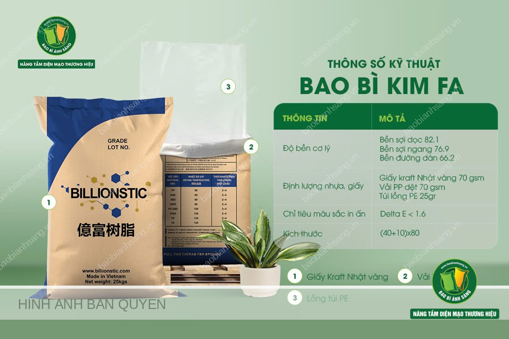 Thông thường, các doanh nghiệp yêu cầu cấu trúc bao KP phổ biến: Giấy Kraft in Flexo, PP dệt và một lớp túi lồng PE/ HD chống ẩm. Trong ảnh là bao bì giấy 25 Kg đựng hạt nhựa của Kim Fa, do Ánh Sáng sản xuất.