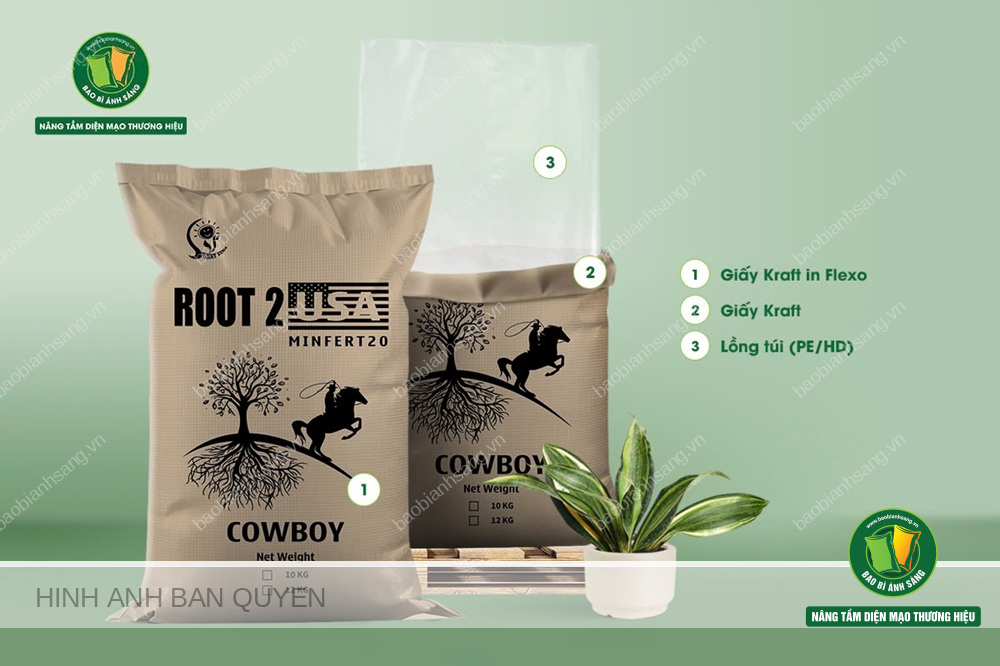 Cấu trúc bao phân bón PP dệt in flexo do Bao Bì Ánh Sáng thiết kế, sản xuất cho Roots 2 Plus