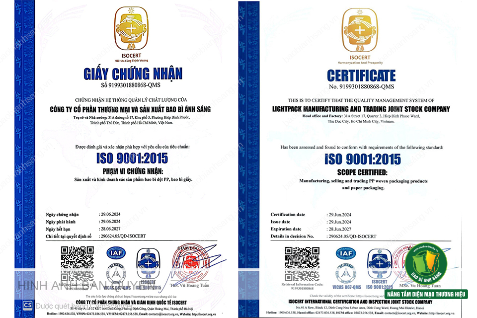 Chứng nhận ISO 9001:2015 là sự công nhận chính thức từ cơ quan kiểm định đồng thời cũng là cam kết mạnh mẽ của Bao Bì Ánh Sáng đối với khách hàng