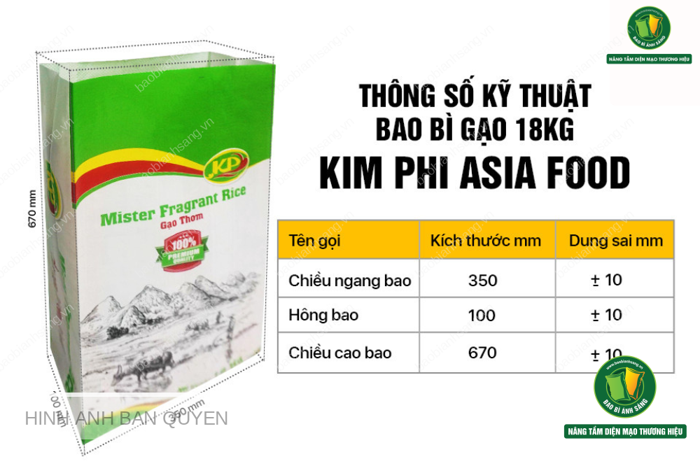 Thông số kỹ thuật bao bì gạo 18kg do Bao Bì Ánh Sáng thiết kế cho Kim Phi Asia Food